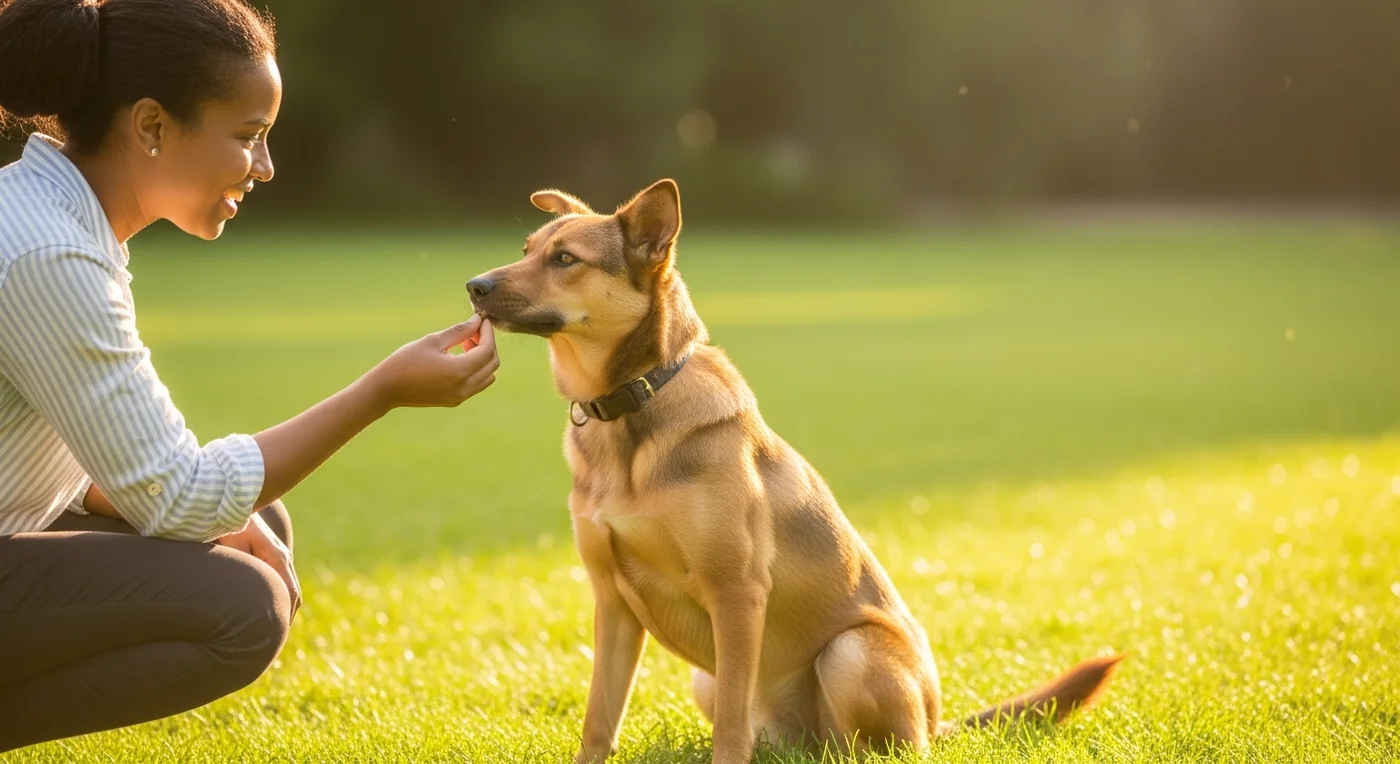 A happy dog training with its owner outdoors